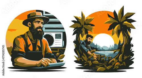 Adventurer Exploring Cave and Mountain Landscape in Retro Style Illustration