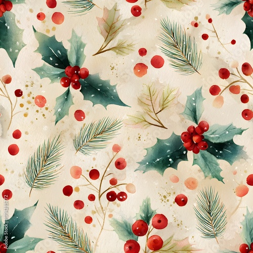 Watercolor Christmas Holly and Pine Branch Seamless Pattern branches