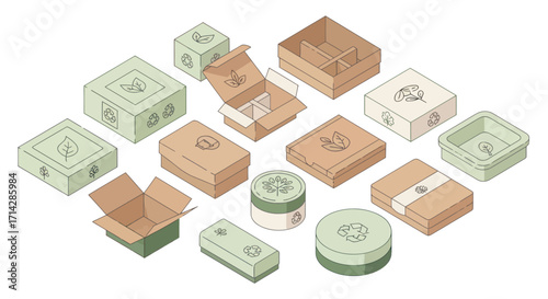 Assortment of Isometric Cardboard and Green Packaging Boxes.