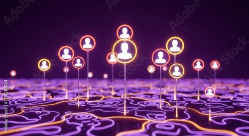 Network of connected people with glowing circles on topographical map illustrating social media connections and digital communication represented in a futuristic abstract