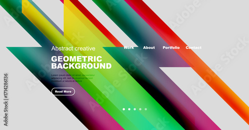 Dynamic geometric background features vibrant diagonal stripes. Text overlays present work, about, portfolio, contact options. Button invites further exploration.