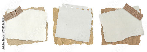 Set of Torn Vintage Note Paper. Aged grid sheet, spiral and blank textured pieces with tape for scrapbooking, journaling, diary and craft collages are isolated on a transparent background.