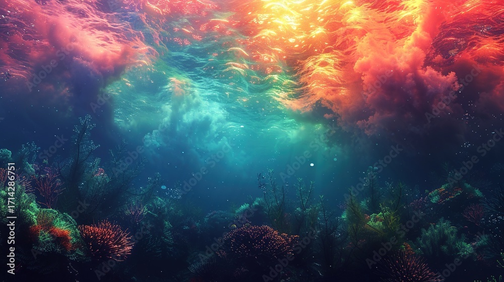 Fototapeta premium A terrifyingly beautiful underwater scene where the coral reef is consumed by an acidic neon-green and orange haze.