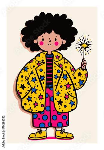 Playful Character in Colorful Outfit Holding Sparkler with Star Pattern