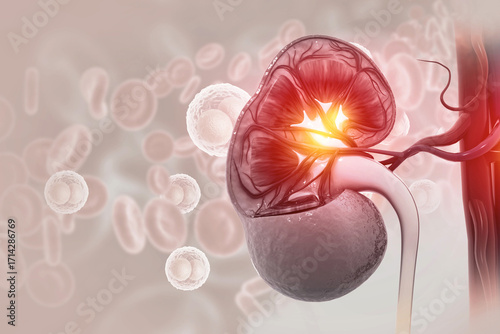 Human kidneys anatomy structure, kidney disease. 3d illustration