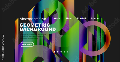 Abstract website template features vibrant geometric shapes, dark background, navigation menu. Text details present, button visible.