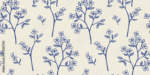 Blooming vintage sketch floral branch seamless pattern, blossoms natural spring theme, botanical print. Hand drawn vector isolated illustration