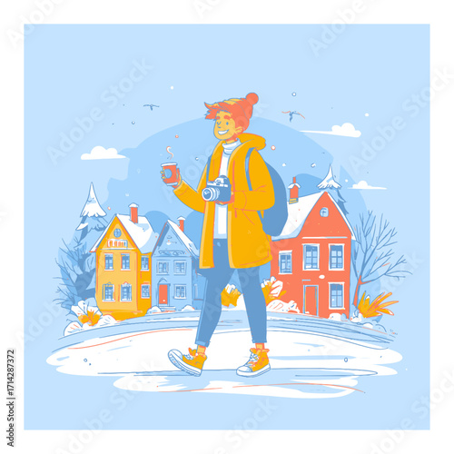 Joyful Cartoon Character Exploring Winter Streets with Camera and Coffee