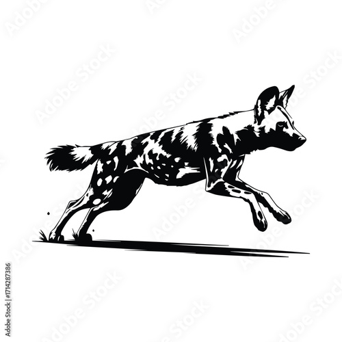 African Wild Dog Running Free Black and White Illustration Vector Artwork