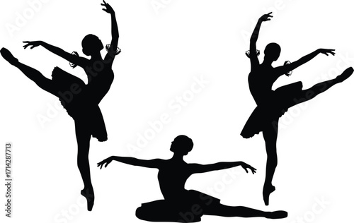 Silhouettes of Three Ballerinas in Elegant Ballet Poses, Dancing, Leaping, and Stretching, Isolated on White Background