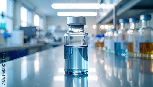 Clear vial of liquid on a lab bench.  Blurry lab background