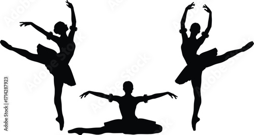 Silhouettes of Three Ballerinas in Graceful Ballet Poses, Dancing, Leaping, and Stretching, Isolated on White Background