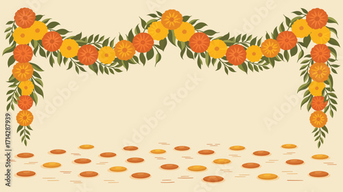 A garland of orange and yellow flowers with green leaves and scattered petals on a light background