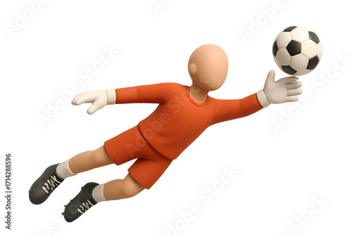 A dynamic 3D rendered soccer goalkeeper in an orange uniform makes a spectacular airborne save, expertly blocking the ball during an intense match.