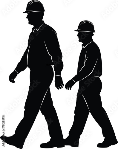 Silhouettes of Two Workers Walking, Wearing Hard Hats, Construction or Industrial Job, Isolated on White Background