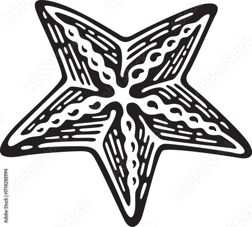 Intricate black and white woodcut illustration of a stylized five pointed starfish with decorative patterns