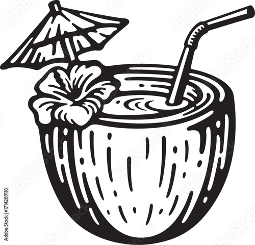Tropical coconut drink with straw and flower umbrella a refreshing beverage for summer vacation