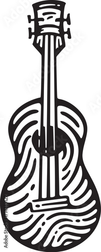 Stylized black and white illustration of an acoustic guitar with a unique wavy wood grain pattern