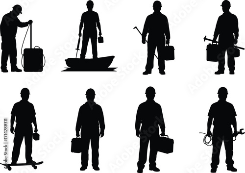 Silhouettes of Workers with Tools, Construction and Repair Jobs, Holding Equipment, Isolated on White Background