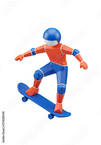 A vibrant 3D rendered figure, wearing a blue helmet and orange protective pads, skillfully balances on a skateboard, symbolizing active urban sport.