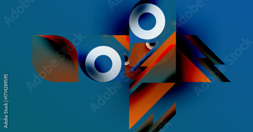 Abstract composition featuring geometric shapes, vibrant colors. Blue background contrasts orange elements, creating dynamic visual effect.