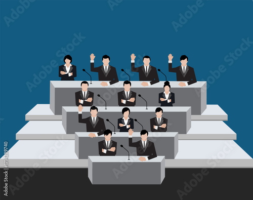 Voter in suit hand up and arm cross for election and hand vote in meeting room on background