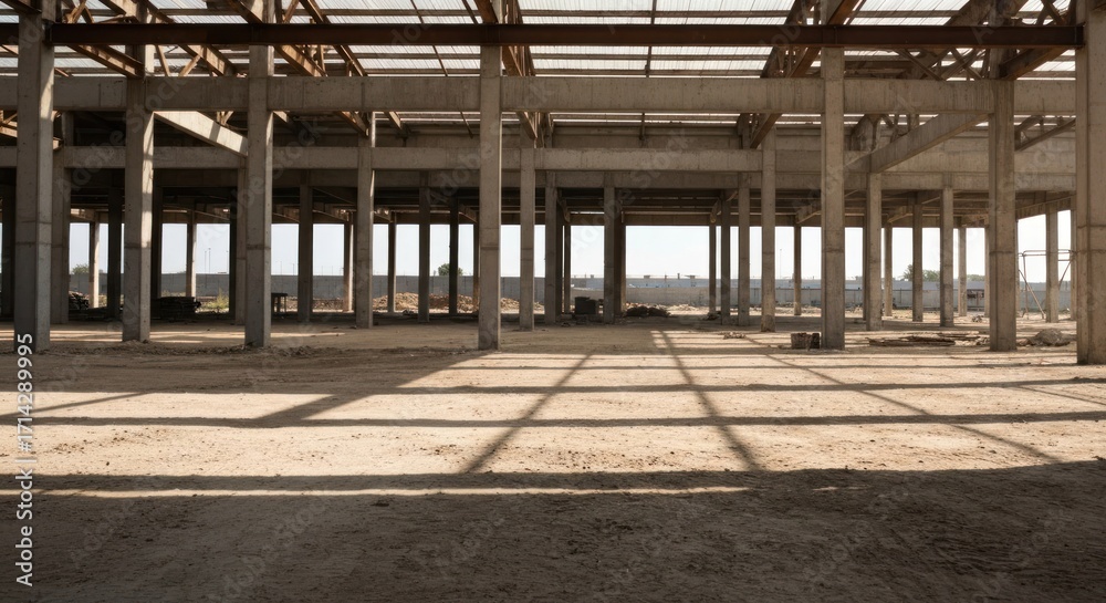 Fototapeta premium Empty, sunlit interior of a large unfinished concrete structure