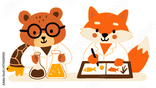 Cute Cartoon Animals in Lab Coats Conducting Science Experiments