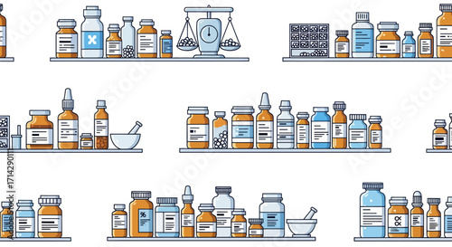 Assortment of Vintage Medicine Bottles and Pharmacy Equipment.