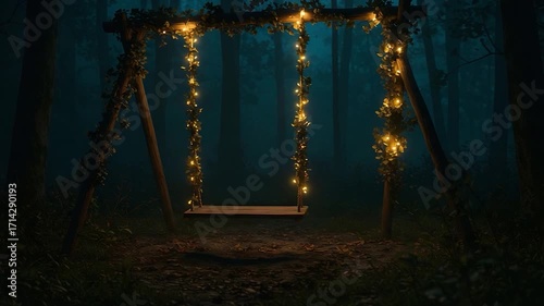 Magical Forest Swing Illuminated by Twinkling Fairy Lights at Night.