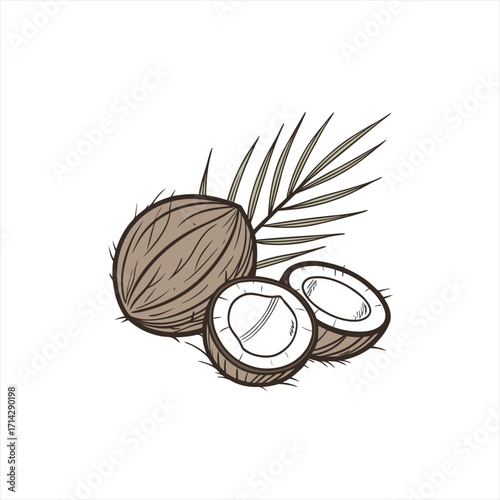 Whole and halved coconut with palm leaf illustration