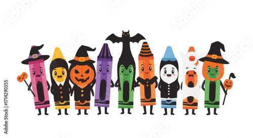 Halloween Crayons Characters: A colorful collection of crayons dressed in Halloween costumes.