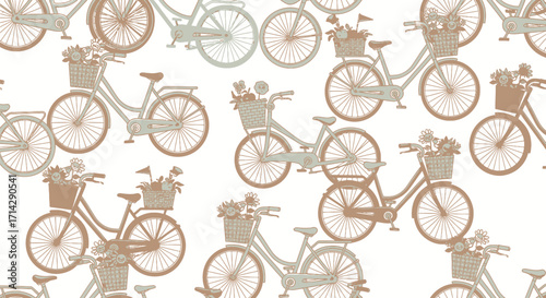 Pastel-Colored Bicycles with Baskets Seamless Pattern.