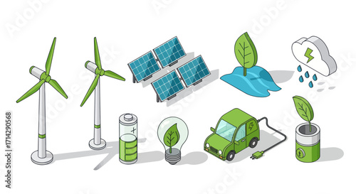 Collection of isometric renewable energy and eco-friendly technology icons.
