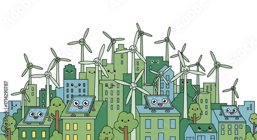 Whimsical cartoon cityscape powered by renewable energy sources like wind turbines and solar panels.