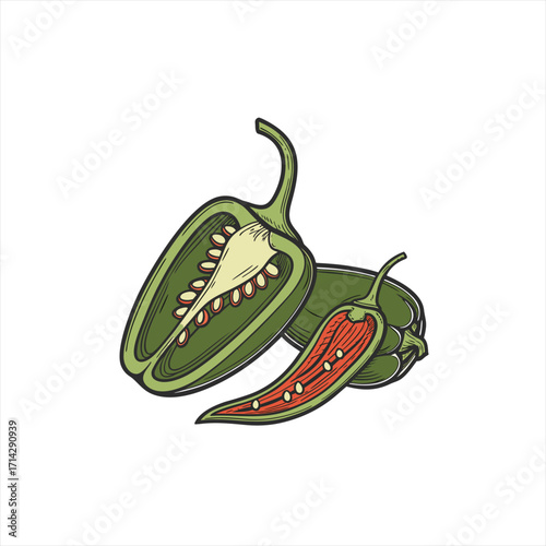 Two halves of a green jalapeno pepper with seeds and one whole pepper