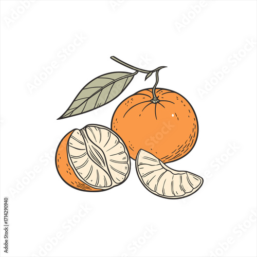 Hand drawn illustration of a whole mandarin orange with a leaf and segments