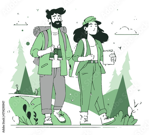 Outdoor Adventurers Walking in Nature with Hiking Gear and Backpacks