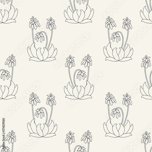 Seamless pattern with black and white canary islands flowers parrot beaks in vintage millefleur style