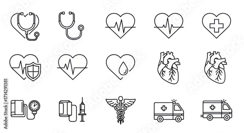 Medical Icons Set: Stethoscope Heart Blood Pressure Monitor Ambulance and Caduceus.