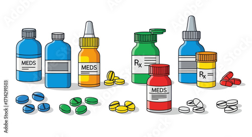 Colorful Assortment of Medicine Bottles and Pills Pharmaceutical Products.
