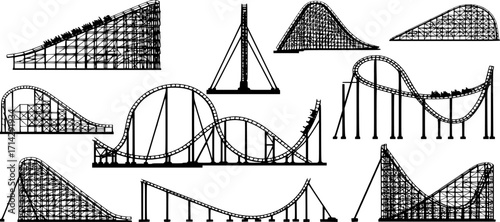 Roller coaster vector silhouettes. Rollercoaster or amusement park rollers isolated

