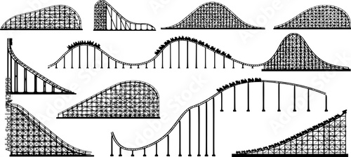 Roller coaster vector silhouettes. Rollercoaster or amusement park rollers isolated
