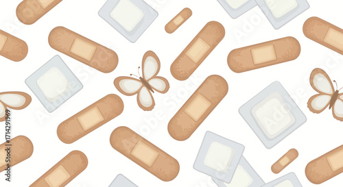 A playful pattern of adhesive bandages and delicate butterflies.