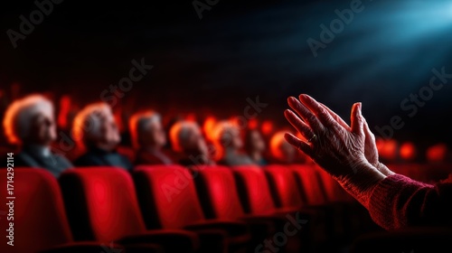 An emotional scene captures an elderly person's hands clapping in a dimly lit theater, presenting a poignant moment of appreciation and the joy of performance.