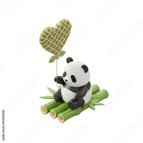 An endearing 3D panda character, rendered with delightful detail, is depicted serenely floating on a natural bamboo raft, holding a textured heart balloon.