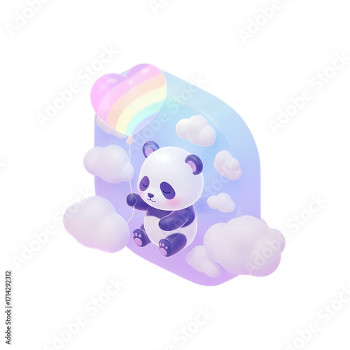 A charming baby panda illustration floats gently among soft clouds, holding a vibrant rainbow heart balloon in a dreamy pastel sky.