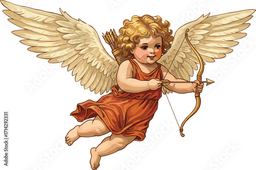Cupid Angel with Bow and Arrow Flying in Red Tunic, Romantic Valentine Cherub Illustration with Wings and Quiver Isolated Vector