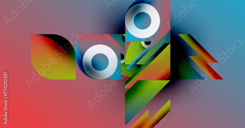 Abstract composition. Geometric shapes overlap, creating vibrant color gradients. Circles, triangles, rectangles blend into complex design.