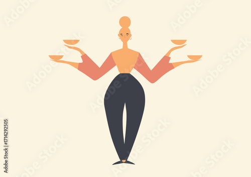 Abstract minimalist illustration of woman with multiple arms balancing four empty bowls symbolizing multitasking and workload management